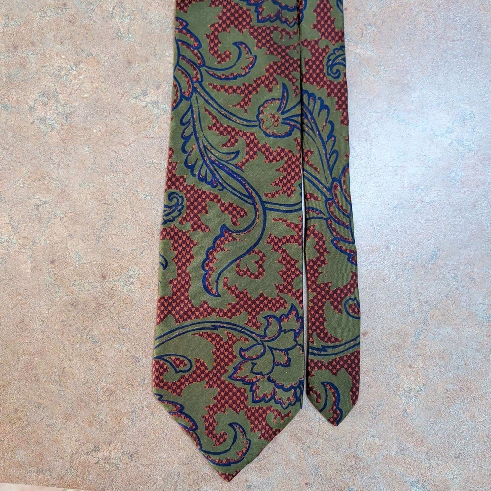 Vintage Chaps Ralph Lauren Necktie Mens Olive Green Paisley Houndstooth Silk Tie